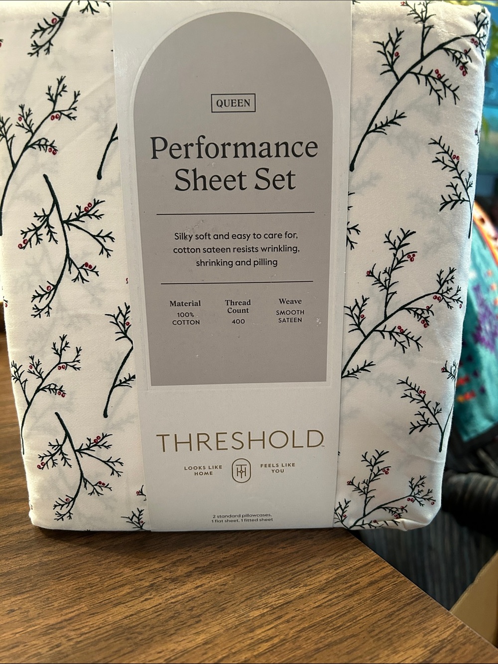 Threshold Cotton Sateen Sheet Set in White with Black & Red Botanical Print